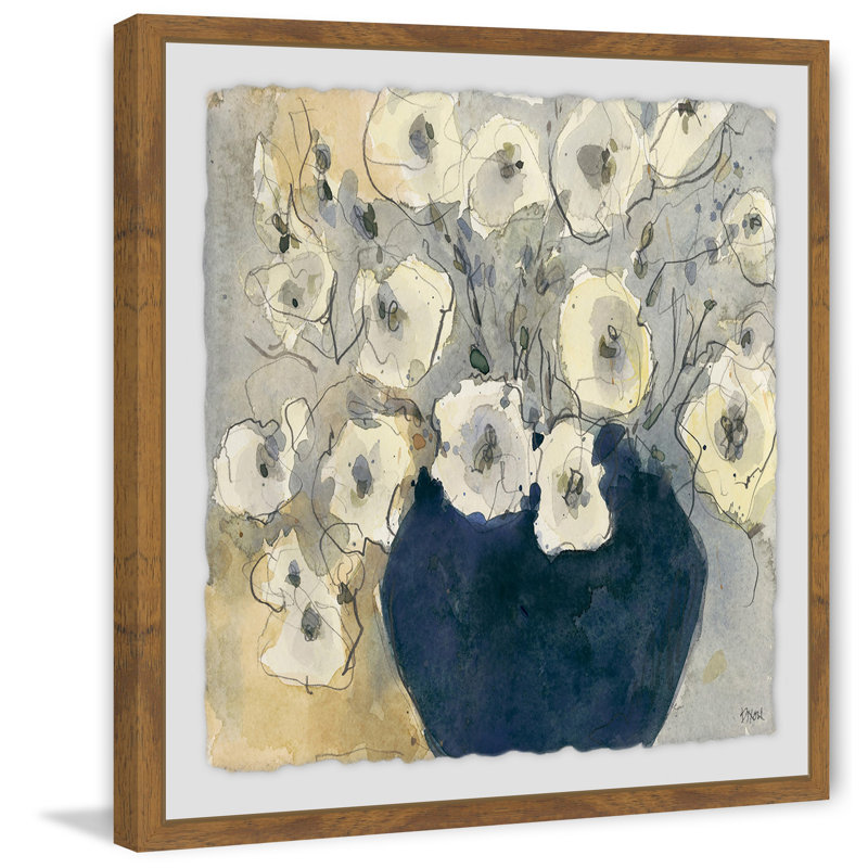 White Blossom Study I - Painting, 61cm H x 61cm W x 4cm D, Brown Framed