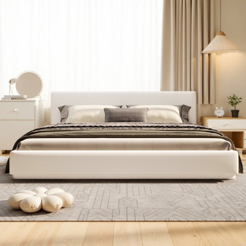 Cocoon Luxury White Velvet Upholstered Platform Bed Frame, Plush Padded Headboard with Wood Frame, Breathable Slat Support System for Comfort