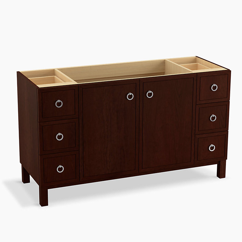 Jacquard 60" Vanity Base Only with Furniture Legs, 2 Doors and 6 Drawers, Split Top Drawers, Cerise Tweed