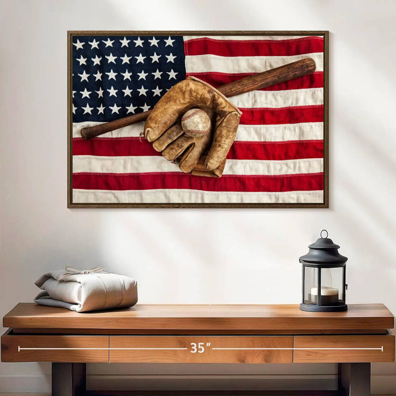 Drapeau américain de l'équipement de baseball, 25 po x 17 po, Cadre flottant noyer