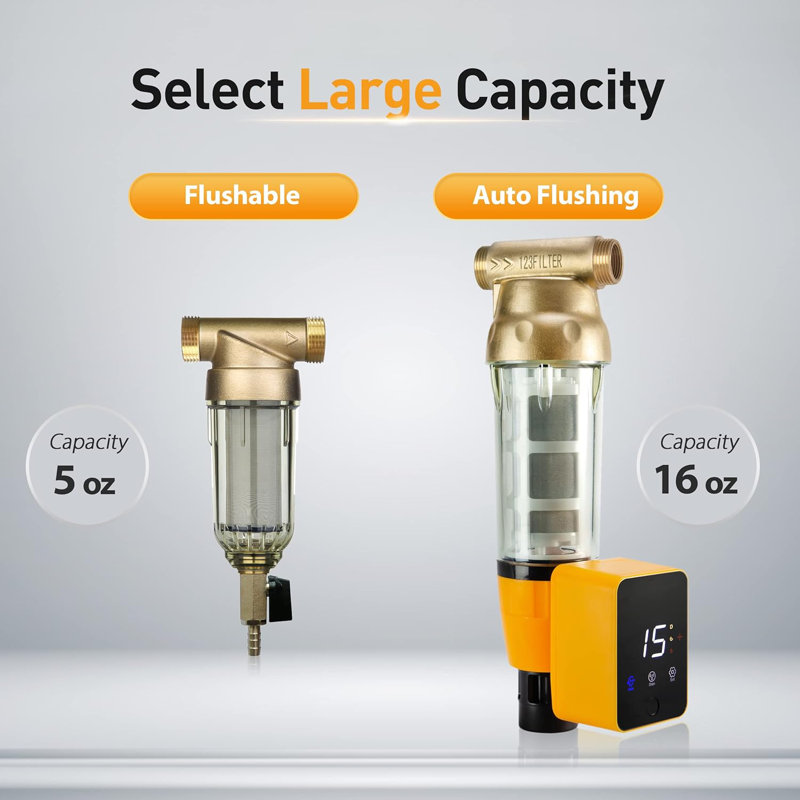 iSpring WSP100ARB Spin Down Sediment Water Filter, Reusable with Touch-Screen Auto Flushing Module and Built-in Housing Scraper, Brass Top Clear Housing, 100 Microns