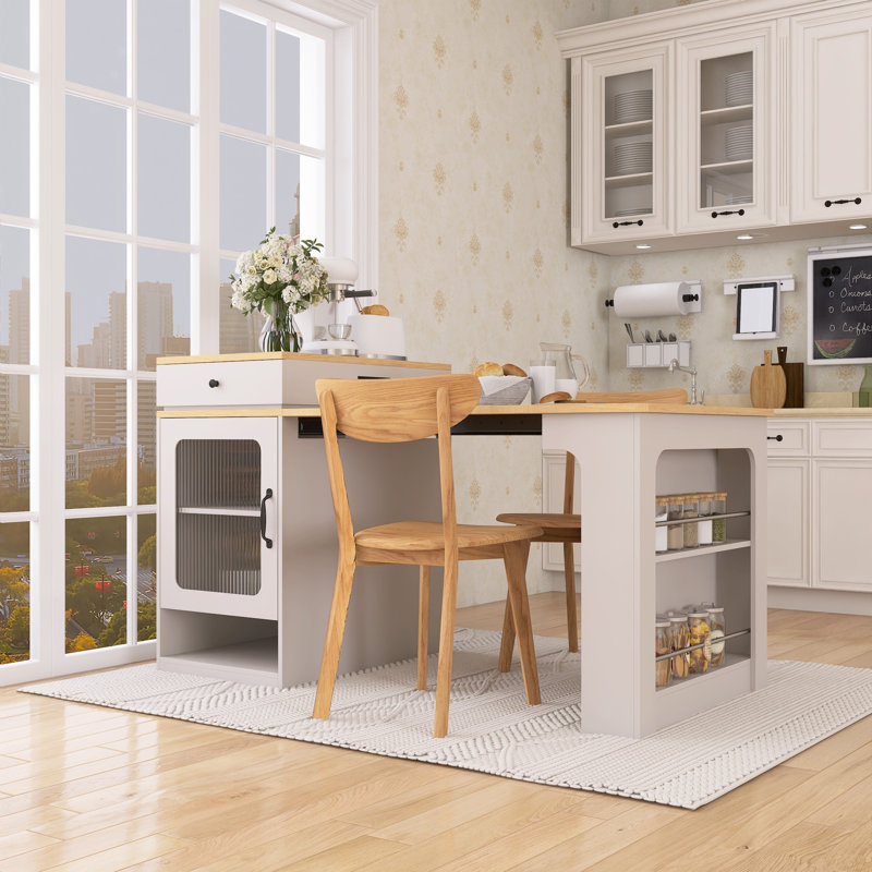 Îlot de cuisine extensible avec rangement double face et prise de courant