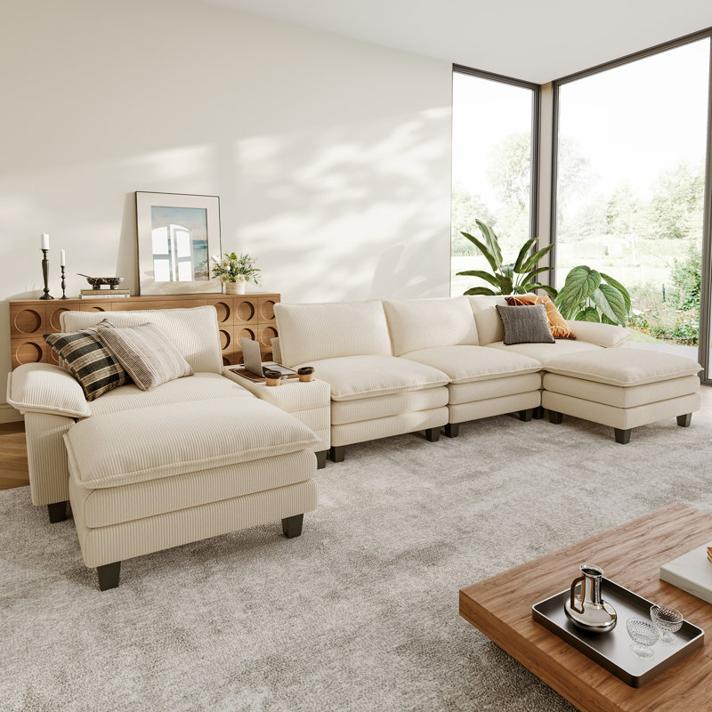 Colbey 172" Oversized Corduroy Cloud U-Shaped Sectional Sofa With Storage End Table, Beige Corduroy