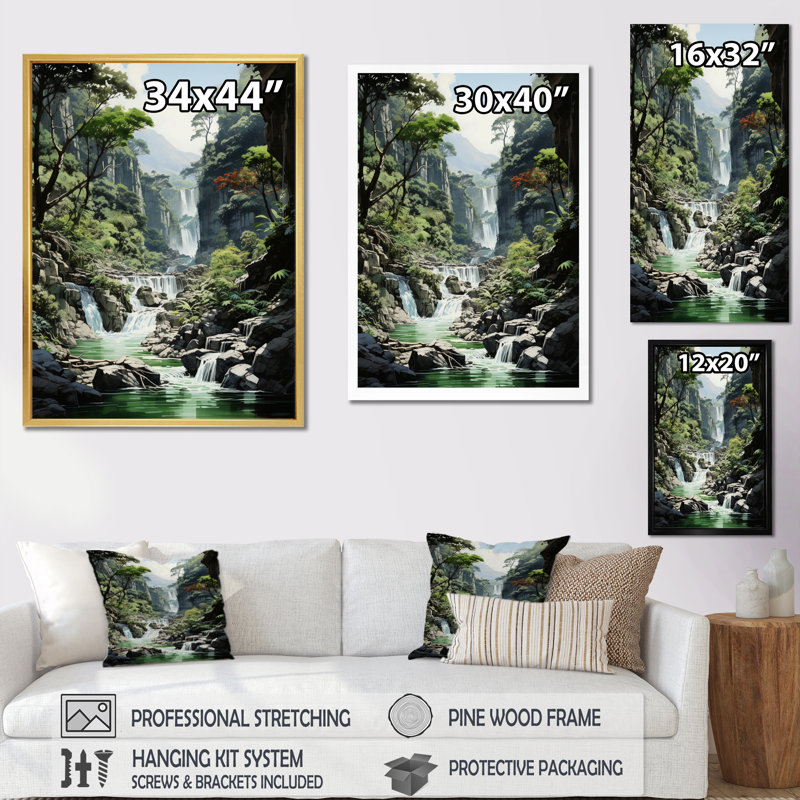 Chute d'eau sur toile, impression de paysage de la jungle du Vietnam - Vietnam Waterfall Wonder I, Cadre flottant blanc