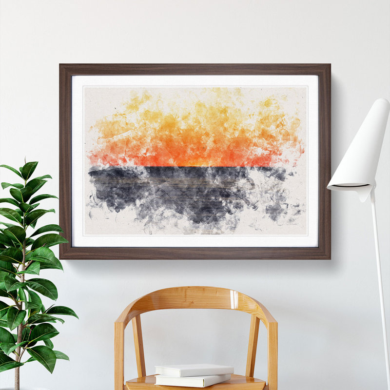An Orange Sunset Watercolour - Framed Print, Walnut Framed, 45cm H x 63cm W x 2cm D