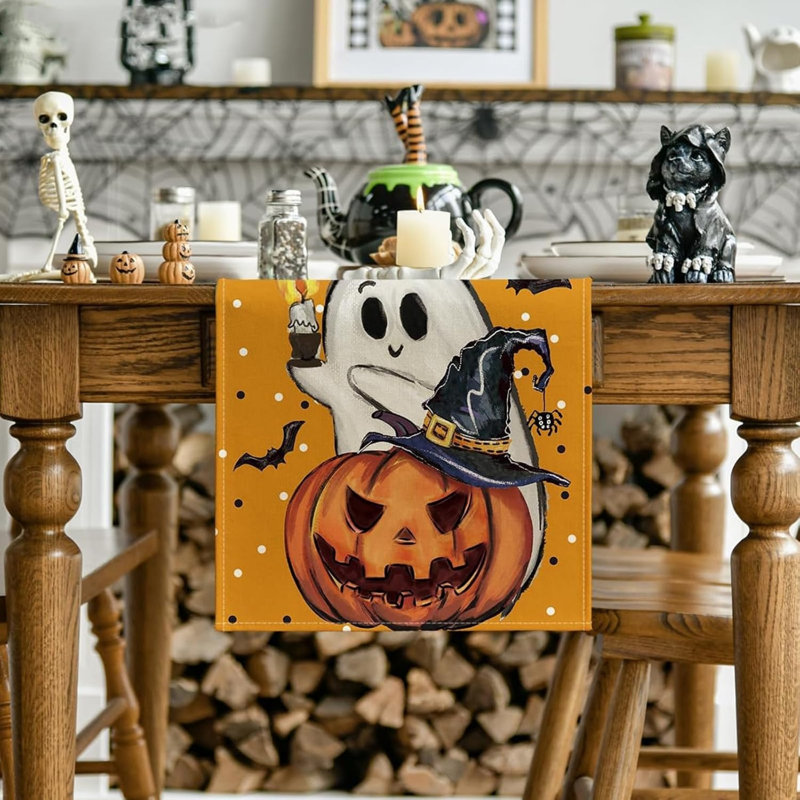 Halloween Table Runner 33 x 183cm, Painting Ghost Pumpkins Boo Table Runner, Halloween Table Decoration for Home Holiday Kitchen Dining Party Decor