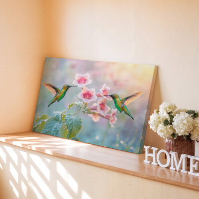 Colibris se nourrissant de fleurs de trompette rose, art mural sur toile pour le salon, la chambre à coucher, le bureau, le couloir, le vestibule, le mur de la galerie et la décoration intérieure moderne