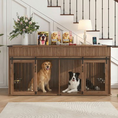 Grand meuble cage pour chien avec 3 tiroirs, prise de courant et mangeoires rotatives