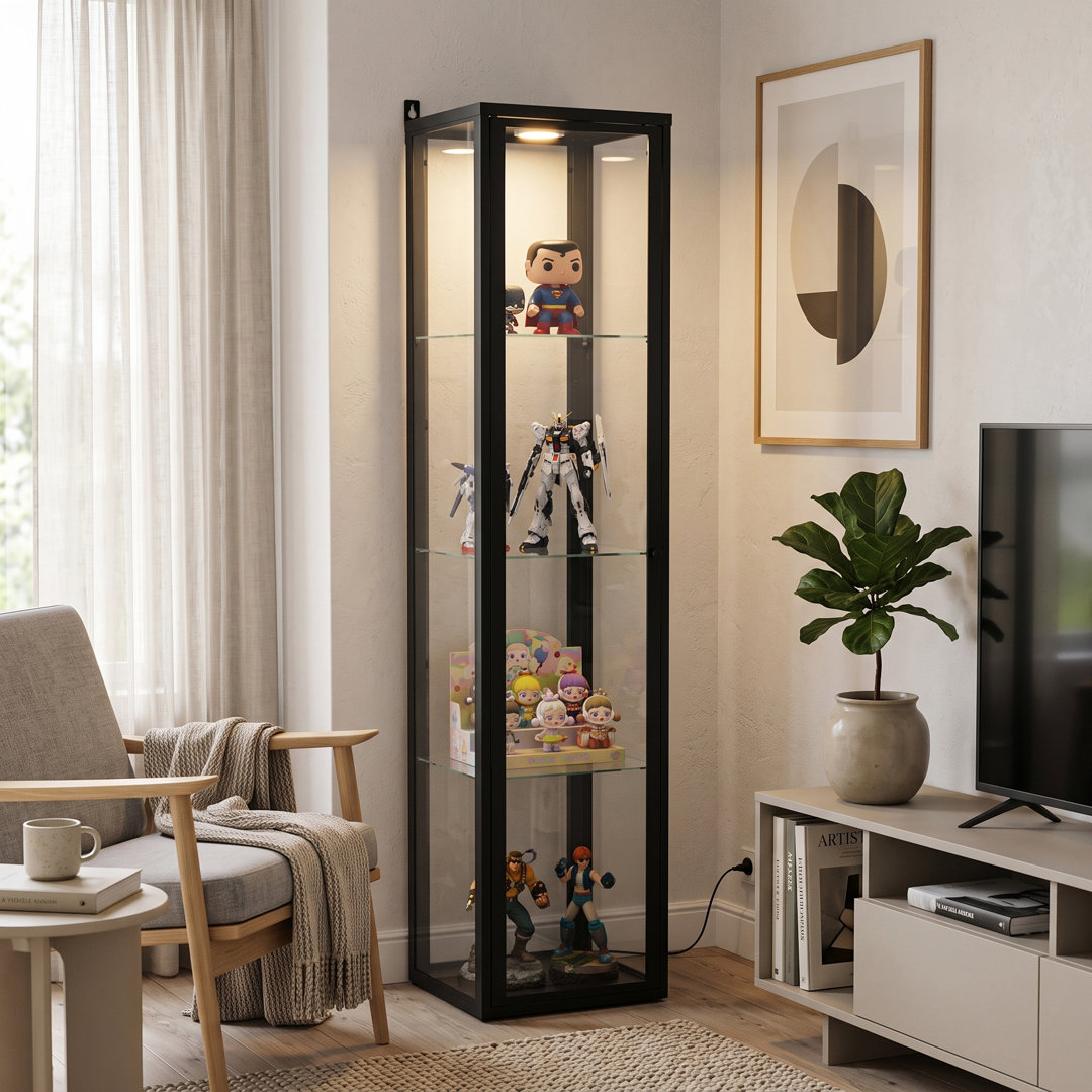 150cm Black Metal Curio Case with 4 Glass Tiers - Narrow Display Cabinet for Collectibles