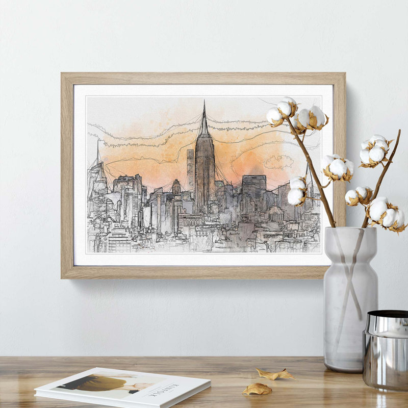 Yellow New York Skyline in Abstract - Picture Frame Graphic Art Print, Oak, 40cm H x 60cm W x 2cm D
