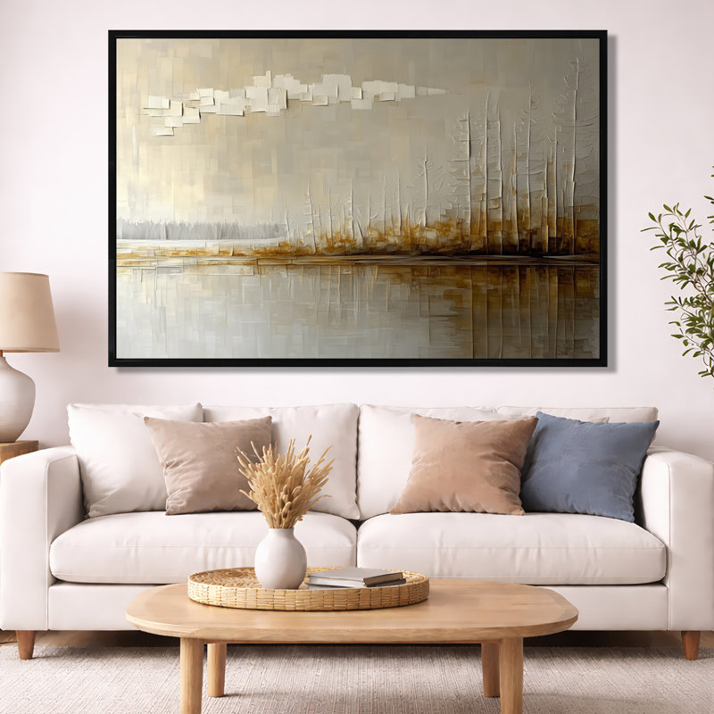 Toile dorée dorée, art moderne forêt grise, horizon gris doré moderne, H 40 po x l 60 po, Cadre flottant noir