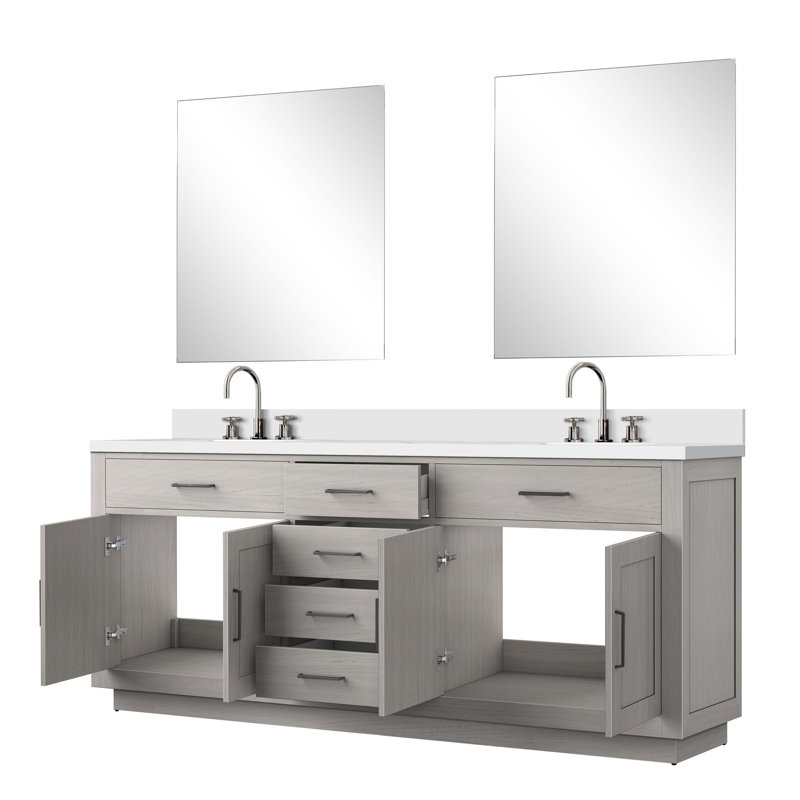 Ensemble de meuble-lavabo double 80 "avec miroir, Chêne noir, Marbre de culture blanc