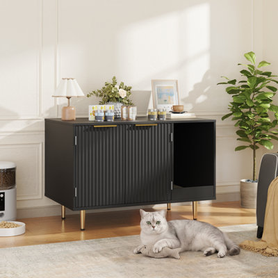 Litter Box Enclosure, Cat House Litter Box Furniture Hidden With Scratching Mat, Modern Cat Washroom Indoor, Side End Table, Storage Cabinet Bench For Living Room, Bedroom, Black