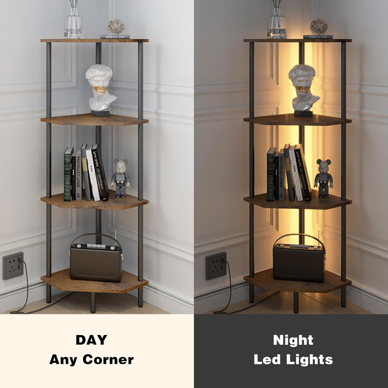 4 Tier Corner Shelf With LED Light,Bookcase For Small Spaces