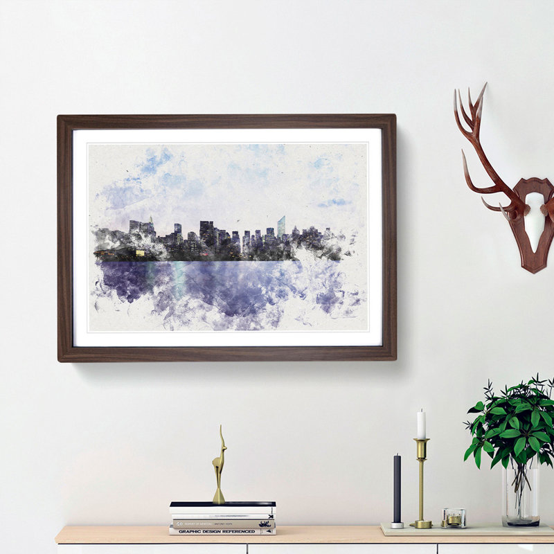 Night Skyline of New York - Picture Frame Graphic Art Print, 24cm H x 33cm W x 2cm D, Walnut Framed