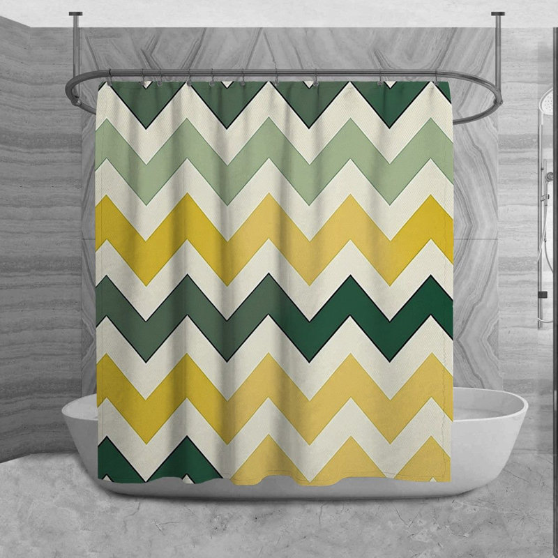 Chevron Shower Curtain Pattern Bath Mat Navy Bathroom Decor, 93" H x 70" W, Green/Yellow