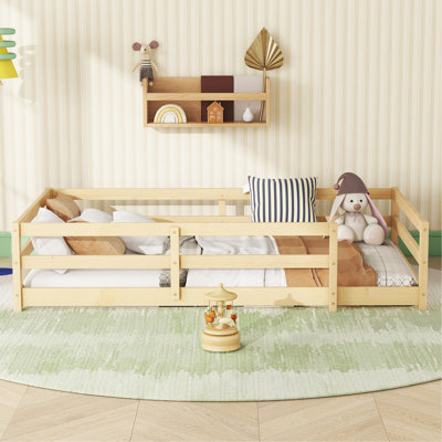 Full Size Floor Bed, Montessori Floor Bed With Fence, Kids Montessori Bed Full Size, Wood Montessori Floor Bed For Kids, Girls, Boys, Oak.