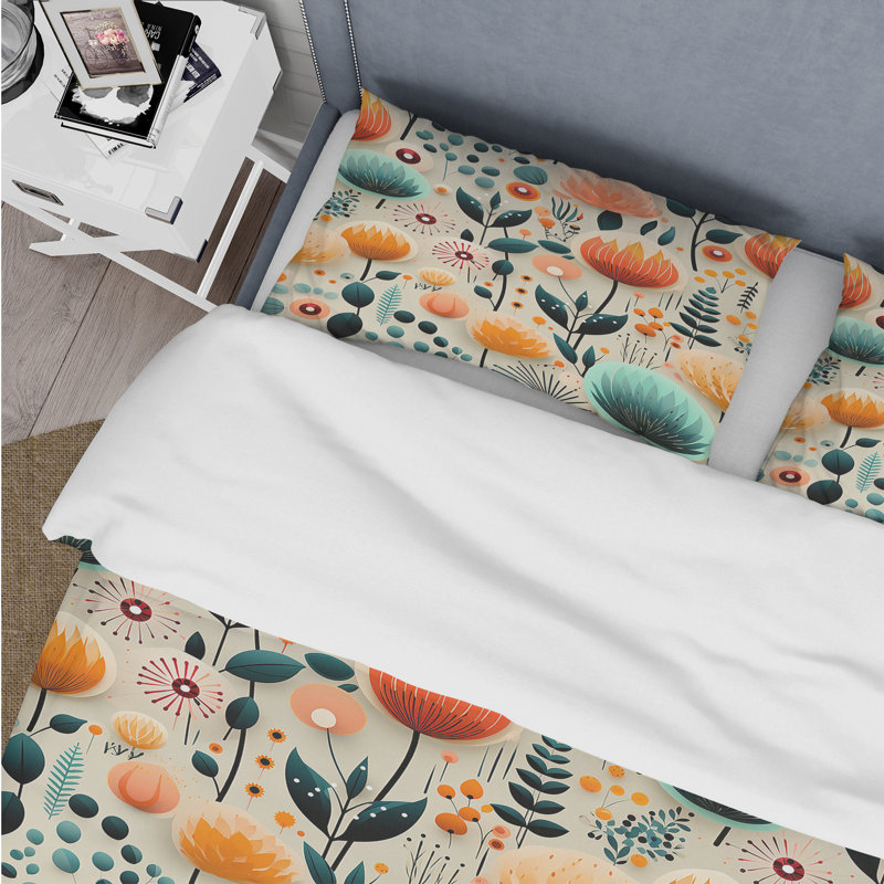 Ensemble de housse de couette en microfibre multicolore à motif floral contemporain orange / sarcelle