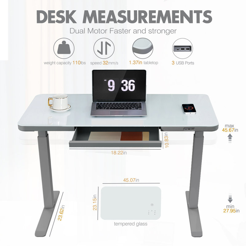 Gray Adjustable Height Standing Desk with Glass Top and Drawer