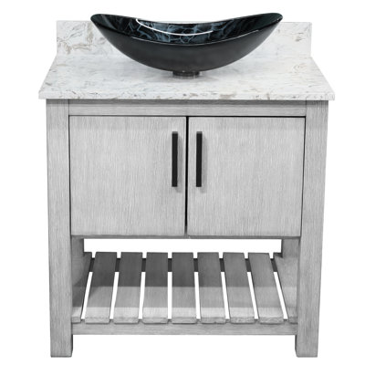 Meuble-lavabo de 30 po avec comptoir en quartz moka et lavabo, quincaillerie noir mat