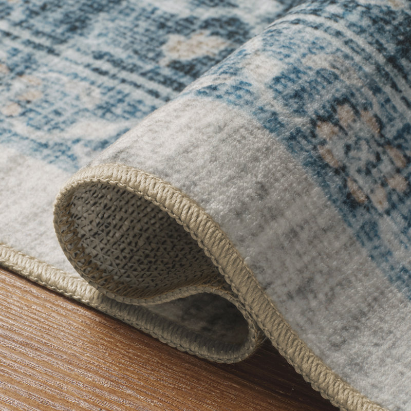 Machine Washable Oriental Floral Blue Hallway Runner Rug, Runner 2' x 8'