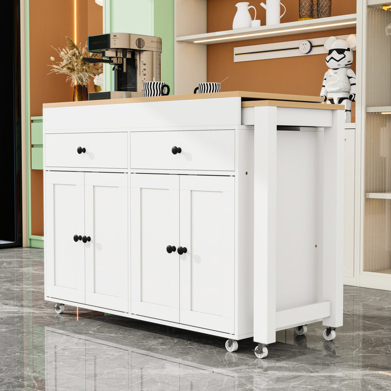Kitchen Island with Extendable Dining Table, 4-Door Cabinet, 2 Drawers and Spice Rack, White