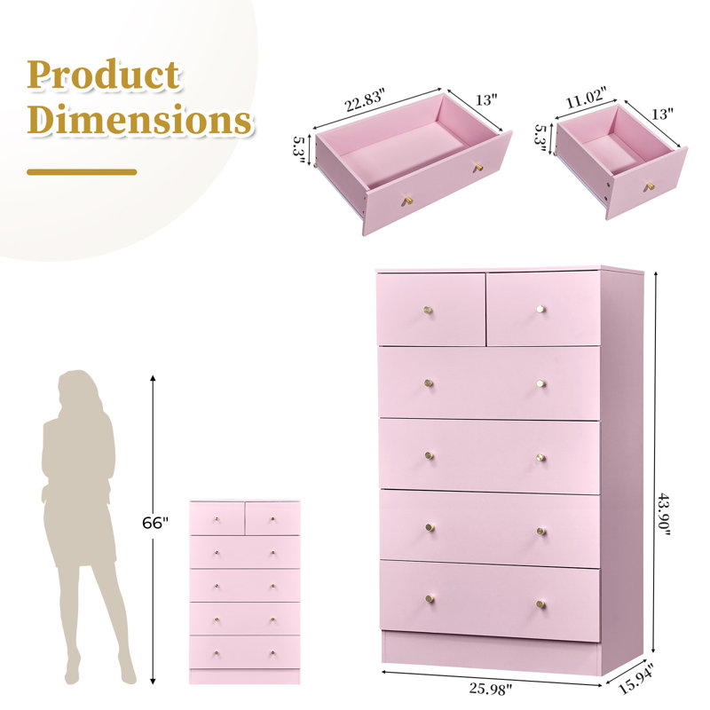 6-Drawer Large Storage Cabinet With Sturdy Construction Wood Storage Organizer For Closet, Pink