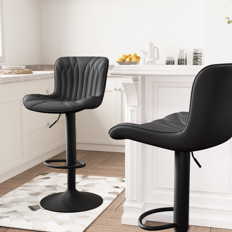 Denan Swivel Adjustable Height Bar Stools, Faux Leather Modern Bar Stools, Upholstered Counter Stool, Black