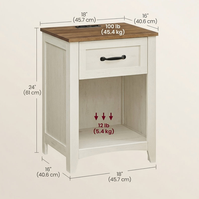 Table de chevet 18 po avec station de charge Allenside, Blanc rustique, Individuel