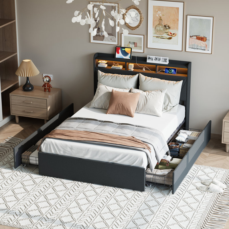 Modern Upholstered Bed Frame with LED Lights, Charging Station & Storage Drawers, Full