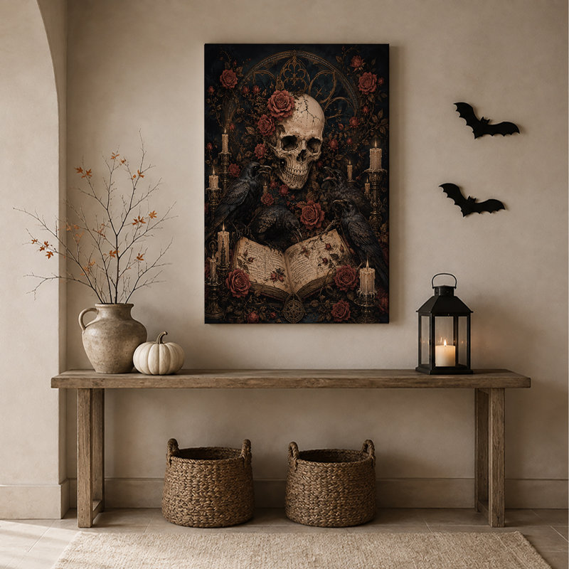 Impression sur toile, crâne gothique avec roses rouges et corneilles noires, H 30 po x l 20 po