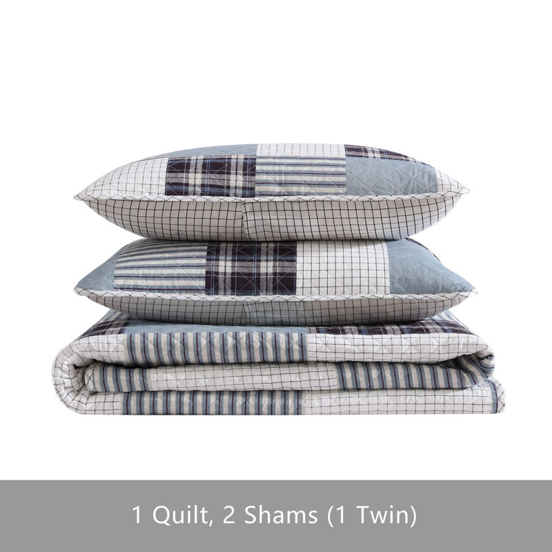 Camano Island Twin Quilt Set in Blue and White Cotton Patchwork