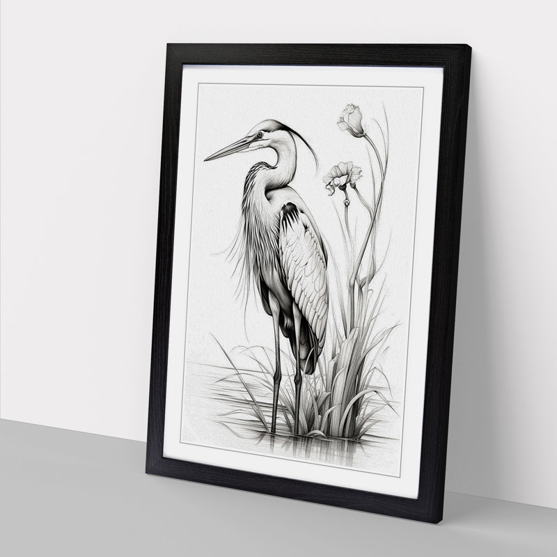 Heron Line - Single Picture Frame Print on Wood, 46cm H x 34cm W x 2cm D, Black