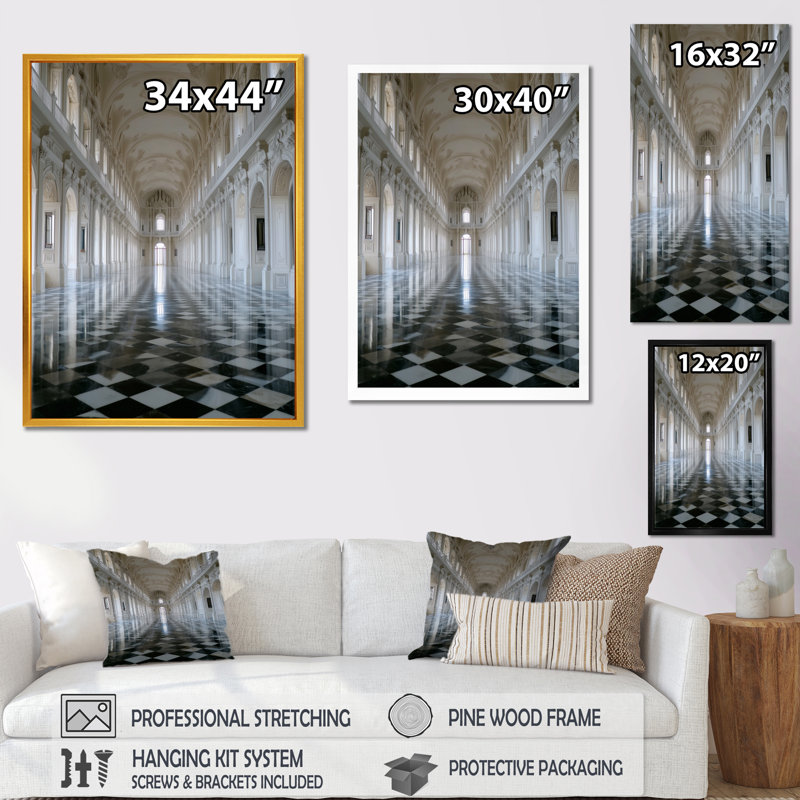 «Grand Hall At The Palace At Sintra Hyde», art mural sur toile, paysage urbain blanc, H 44 po x l 34 po, Cadre flottant