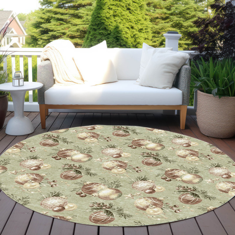 Tapis de boules de Noël intérieur / extérieur lavable à la machine Xhevrie Aloe, Rond 8 pi