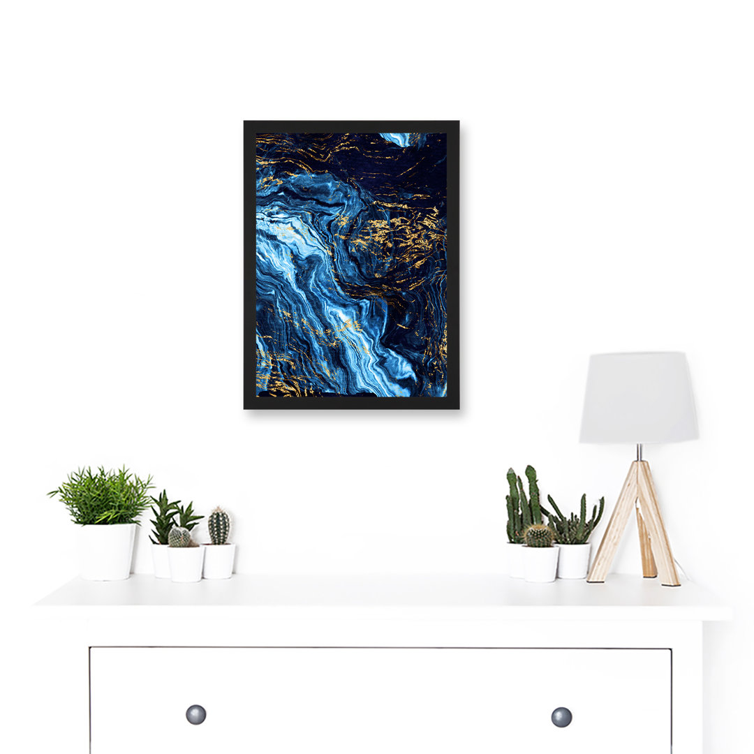 Abstract Dark Blue Gold Pour Watercolour Modern - Single Picture Frame Print