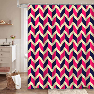 Geometric Zigzags Book Blue Shower Curtain with 12 Hooks