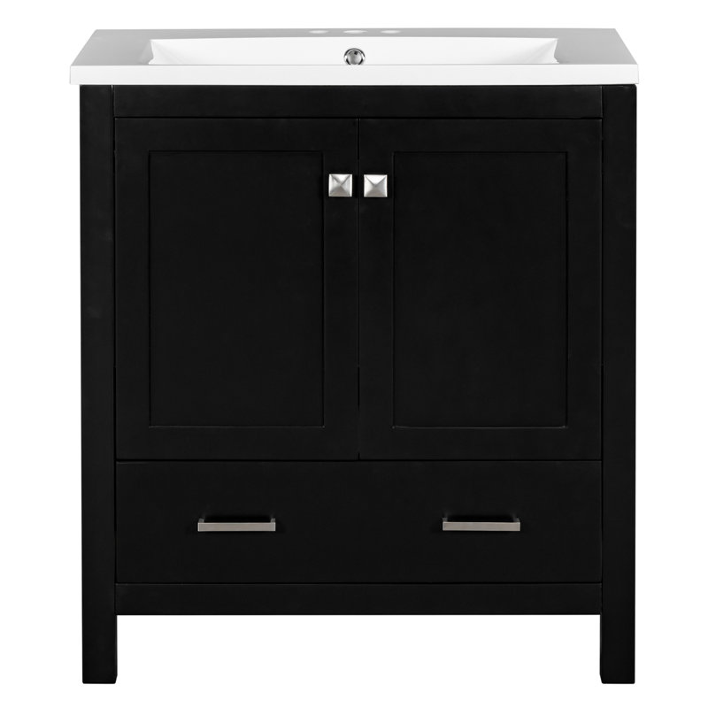 Huckeba 30'' Free Standing Single Bathroom Vanity with Ceramic Top, Black