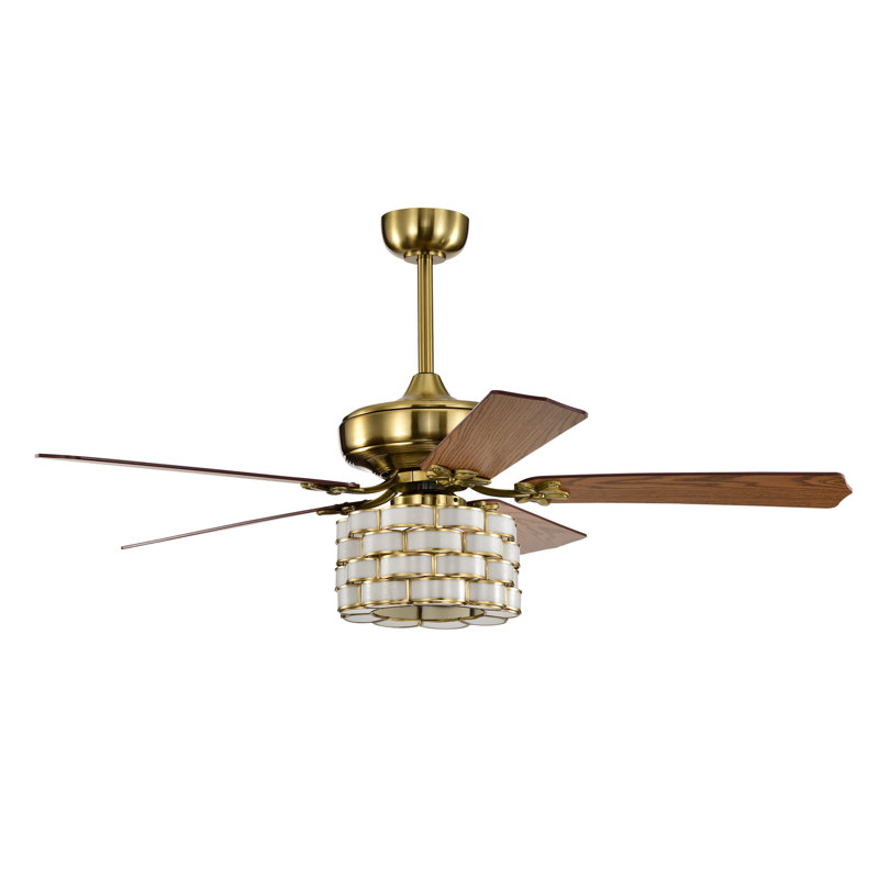 Brass 3-light 5-blade Wooden Lighted Ceilng Fan With Opaque Glass Weave Shade