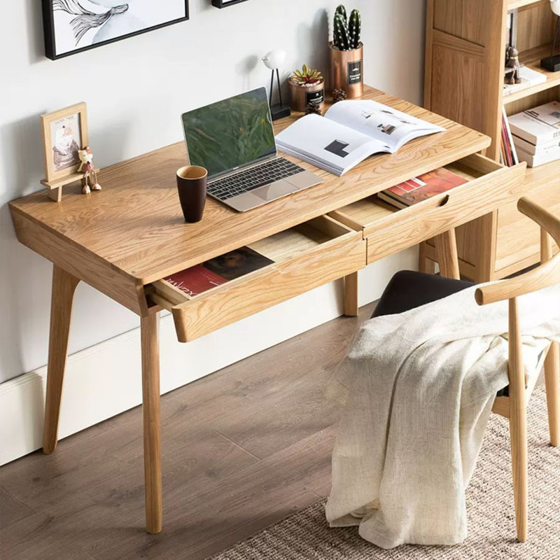 Burlywood Rectangular Solid Wood Writing desk with drawers desk, Burlywood