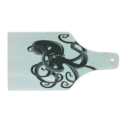 Ambesonne Black Tempered Glass Cutting Board Cartoon Octopus in Sea Black