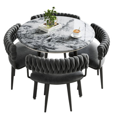 Microcrystalline Stone Round White Dining Table Set with 4 Chairs