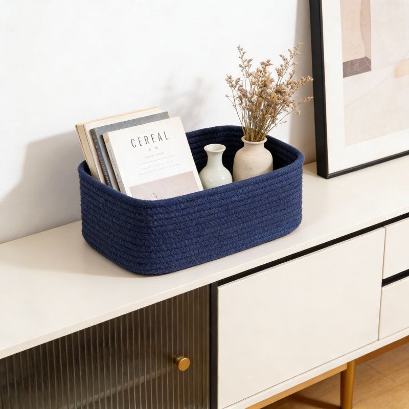 Woven Storage Baskets Set Of 4, Handwoven Cotton Rope Organizer Bins For Shelves, Closet, Desk, And Toy Storage, Decorative Rectangular Baskets For Home Organization