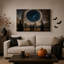Tableau mural sur toile gothique automnale représentant un tourbillon d'étoiles bleu foncé au-dessus d'une toile représentant un vortex d'étoiles bleu foncé sur fond d'Halloween.-2124238671