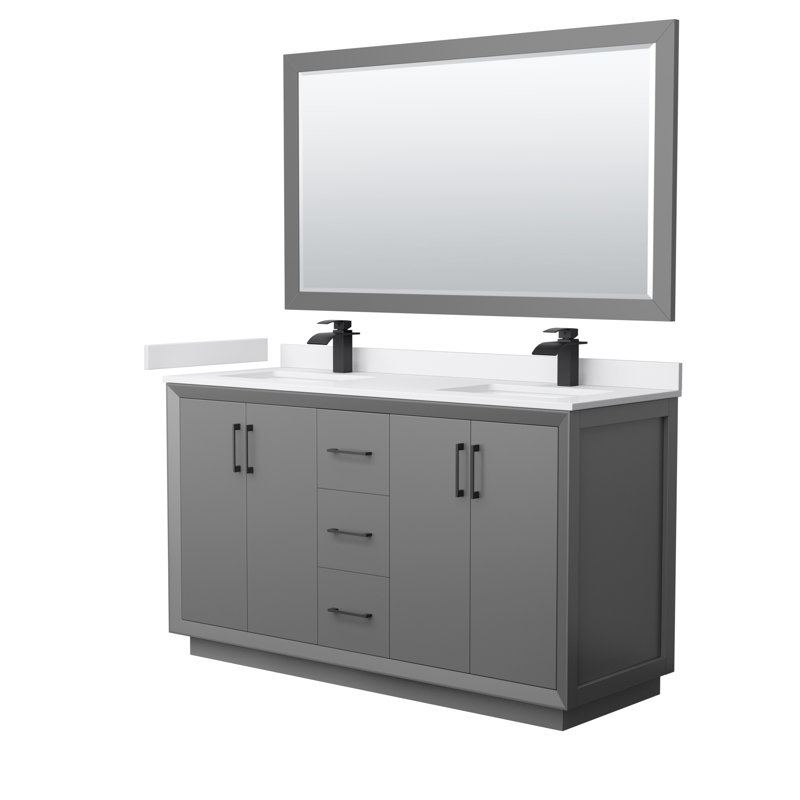 Ensemble de meuble-lavabo double 60 "avec miroir_Carrara Strada, Gris foncé, Noir mat, Marbre de culture de Carrare