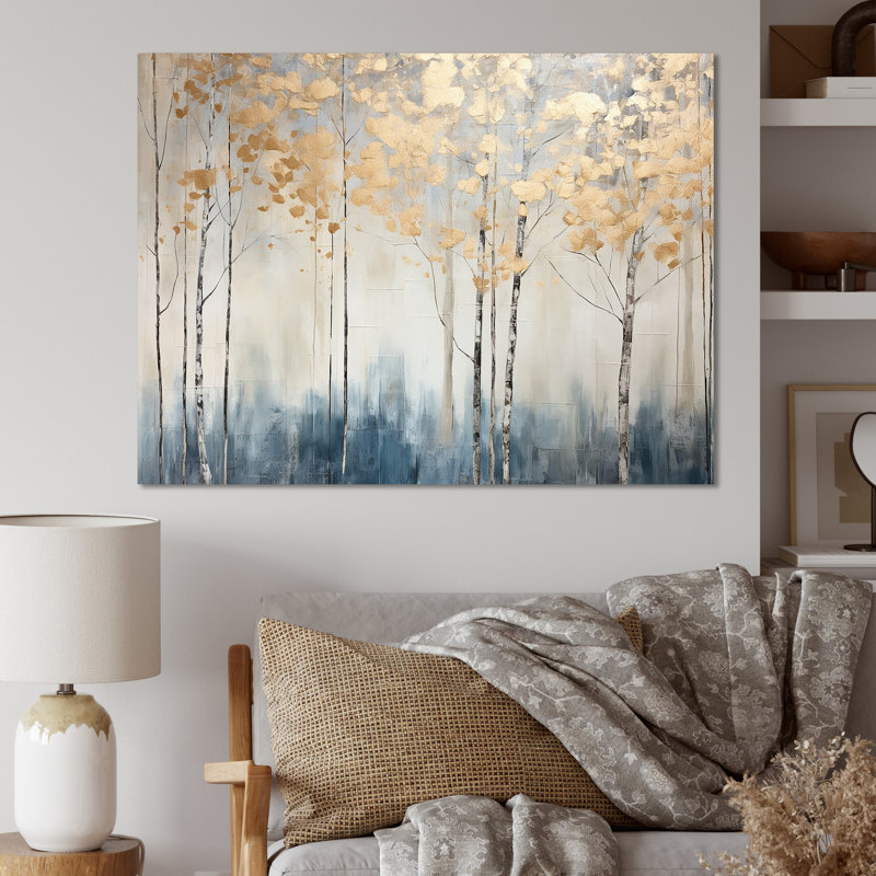 Minimalisme bleu et forêt dorée II - forêt, art mural, H 16 po x l 32 po x P 1 po, Toile tendue