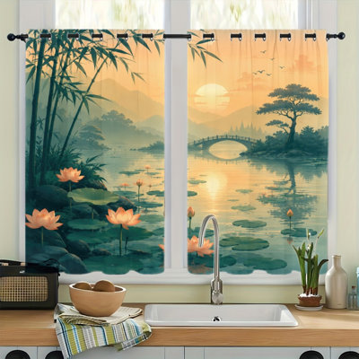 2Pcs Zen Landscape Blackout Curtains, Bamboo Lotus Pond Sunrise Serene Water Scene Thermal Insulated Room Darkening Drapes, Privacy Window Panels for Living Room Bedroom