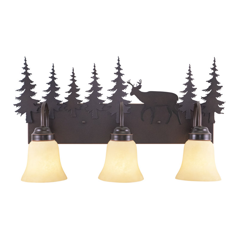 Homar 3-Light 24.75 inch Wide Burnished Bronze Rustic Cabin Bathroom Vanity Lighting Fixture, Amber Flake Glass Shade, Deer and Trees, Dimmable, LED Compatible, Over the Mirror Wall Mounted