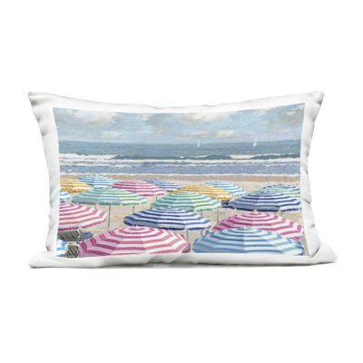 Shore with Bright Umbrellas Design by Amber Sterling Outdoor Printed Pillow