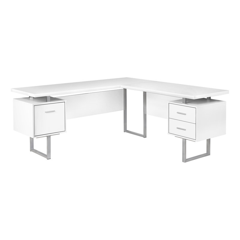 L-Shaped Solid Wood Computer Desk, White/Silver
